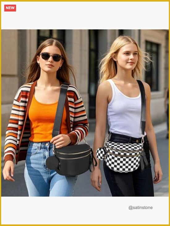 Checkered Crossbody Bag Bum Bags for Women Large Nylon  Large Nylon Crossbody Bag Expandable Fanny Pack with Extra Strap